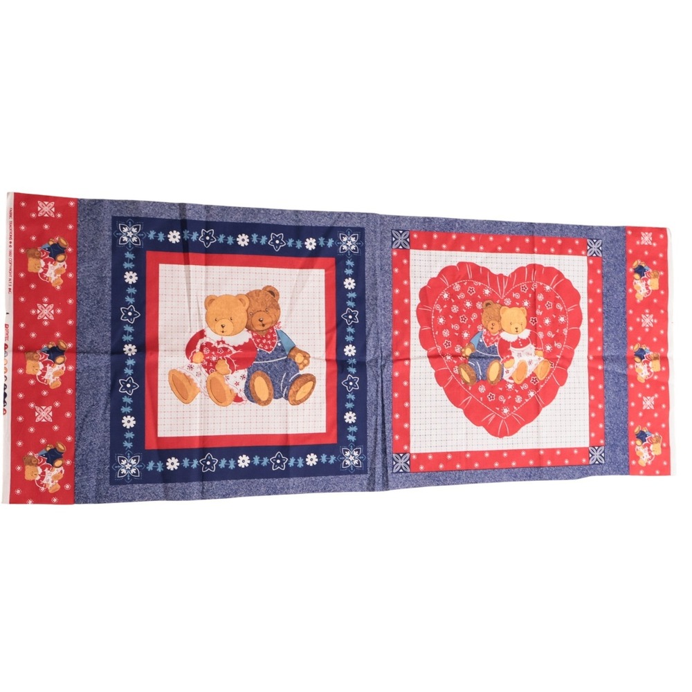 VTG 1992 Teddy Bear Couple Bandana Print Heart Cotton Fabric Panel 44" Country